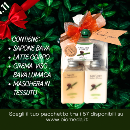 pacchetto natalizio con mini size alla bava di lumaca: sapone per viso,mani e corpo in confezione da 100 ml; crema corpo nutriente da 100 ml; crema viso da 10 gr. e maschera in tessuto