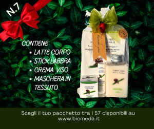 pacchetto natalizio con mini size alla bava di lumaca: sapone per viso,mani e corpo in confezione da 100 ml; crema corpo nutriente da 100 ml; crema viso da 10 gr. e maschera in tessuto